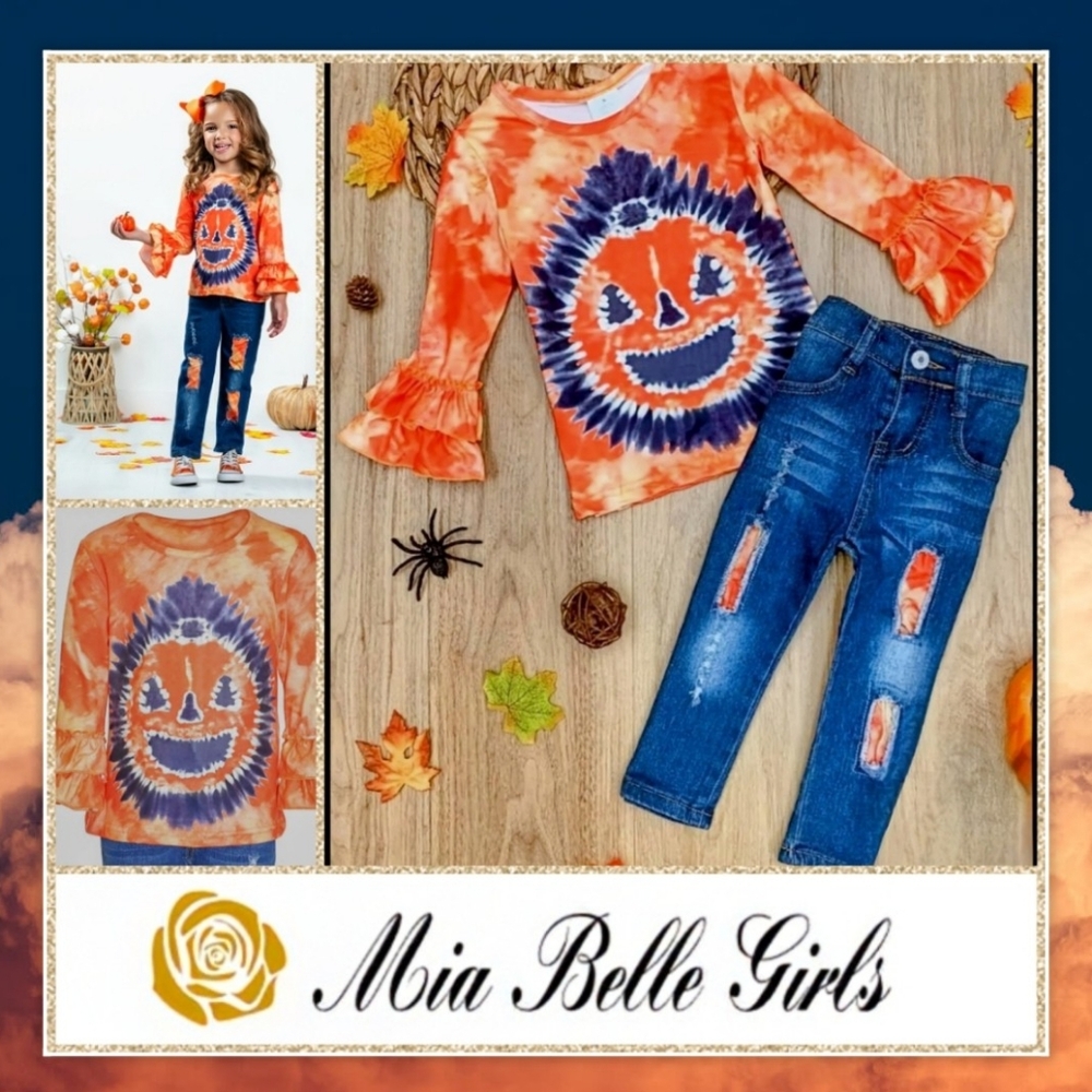 Unique Baby, Pumpkin Tie-Dye, Double Ruffle Sleeve Top & Patchwork Jeans, Sz 7/8